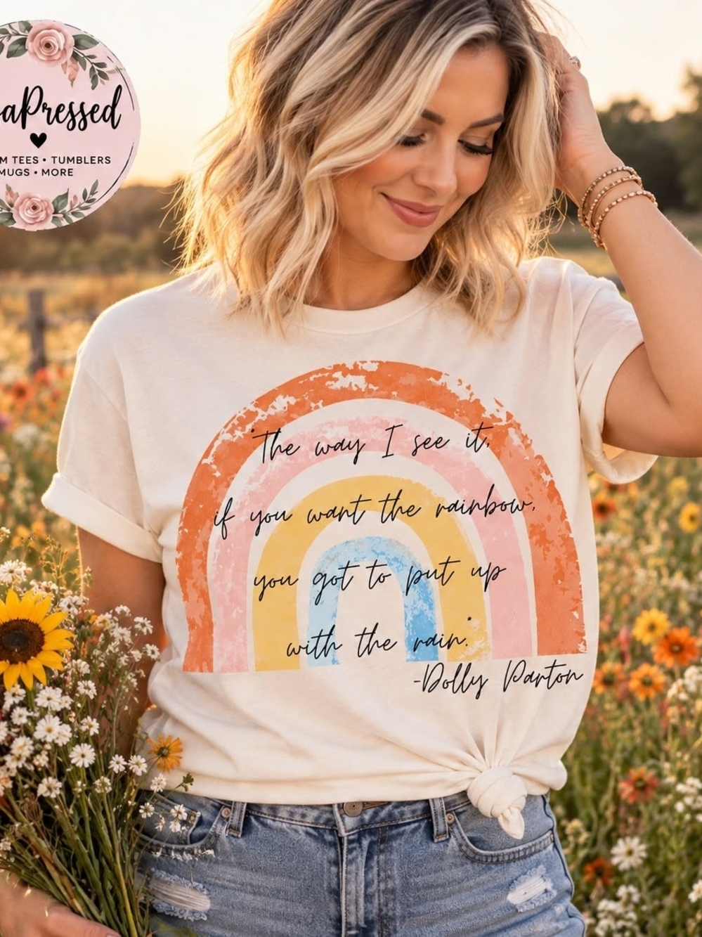 Cream Rainbow Graphic Tee with Dolly Parton Quote - Women's Casual Top